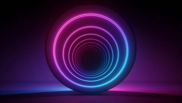 3d render, neon light abstract background, round tunnel, corridor, portal, ultraviolet spectrum, virtual reality environment, laser show, fashion podium, path, way, stage, floor reflection