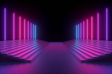 3d render, soyut pembe mavi neon arka plan, parlayan dikey çizgiler, ışıklı merdivenler, ultraviyole spektrum, moda podyum, performans aşaması