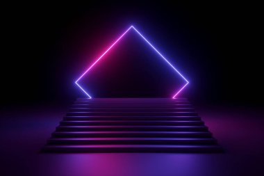 3d render, soyut neon arka plan, müzik performans sahne, merdiven üzerinde parlayan poligonal şekil, boş afiş, ultraviyole spektrum, pembe mor lazer gösterisi