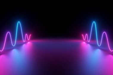 3d render, soyut arka plan, katta parlayan dinamik dalgalı çizgiler, mavi pembe neon ışık, ultraviyole spektrum