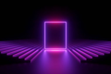 3d render, soyut neon arka plan, müzik performans sahne, merdivenler arasında parlayan dikdörtgen şekil, boş afiş, ultraviyole spektrum, pembe mor lazer gösterisi