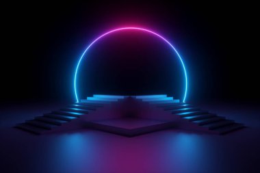 3d render, soyut neon arka plan, müzik performans sahne, boş moda podyum, merdiven, ultraviyole spektrum, pembe mavi lazer gösterisi üzerinde parlayan yuvarlak şekil