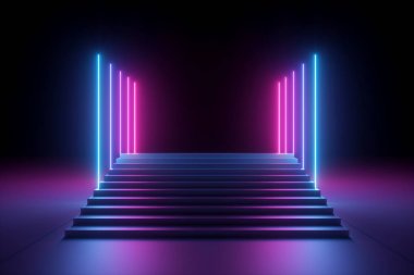 3d render, soyut pembe mavi neon arka plan, ultraviyole parlayan dikey çizgiler, ışıklı merdivenler, moda podyum, performans aşaması