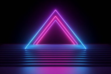 3d render, soyut neon arka plan, müzik performans sahne, boş moda podyum üzerinde parlayan piramit şekli, merdiven, üçgen şekil, ultraviyole spektrum, pembe mavi lazer gösterisi