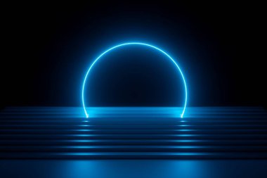 3d render, soyut mavi neon arka plan, modern müzik performans sahne, merdiven üzerinde fütüristik parlayan yuvarlak kemer, boş afiş, ultraviyole spektrum, lazer gösterisi