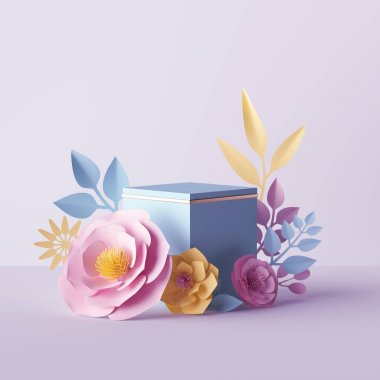 3d render, botanik arka plan, pembe sarı kağıt çiçekler, hediye kutusu mockup, boş kozmetik mağaza vitrin standı, moda arka plan, pastel renkler, sunum şablonu ile süslenmiş küp kaide