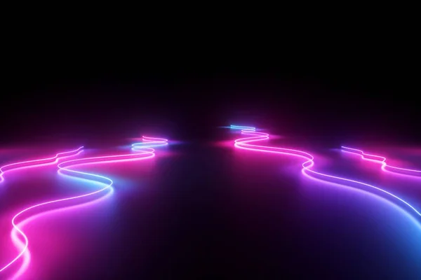 Renderização 3d, fundo abstrato, luz de néon azul rosa, linhas onduladas dinâmicas brilhantes no chão, espectro ultravioleta — Fotografia de Stock