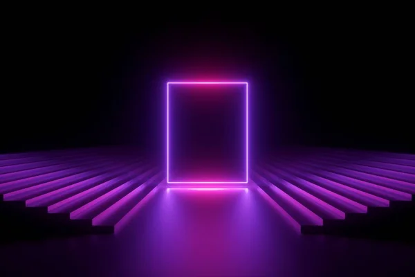 Rendu 3d, fond néon abstrait, scène de performance musicale, forme rectangulaire rayonnante entre les escaliers, bannière vierge, spectre ultraviolet, spectacle laser violet rose — Photo