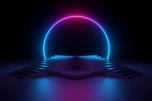 Rendu 3d, fond néon abstrait, scène de performance musicale, forme ronde rayonnante au-dessus du podium de mode vide, escaliers, spectre ultraviolet, spectacle laser bleu rose — Photo