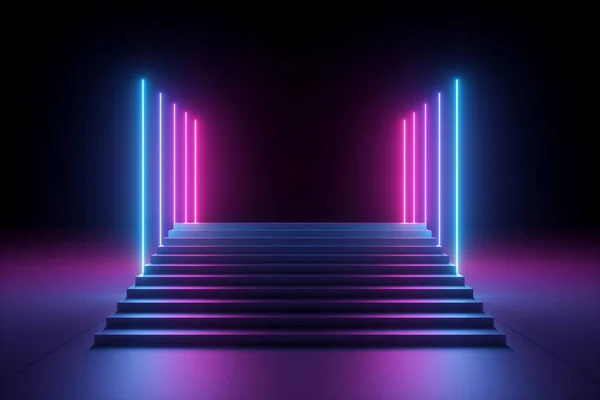 3D-Render, abstrakter rosa-blauer Neon-Hintergrund, ultraviolett glühende senkrechte Linien, beleuchtete Treppen, Modepodium, Bühne — Stockfoto