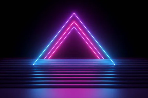 Prostorové vykreslení, abstraktní neonové pozadí, stupeň hudebního výkonu, tvar zářící pyramidy nad prázdným módním pódiem, schody, trojúhelníkový tvar, ultrafialové spektrum, růžová modrá laserová show — Stock fotografie