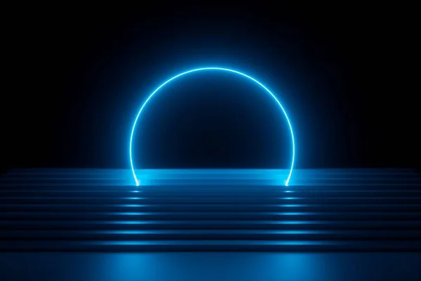 3d render, abstract blue neon background, modern music performance stage, futuristic glowing round arch over stairs, blank banner, ultraviolet spectrum, laser show