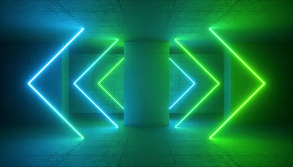 Rendu 3d, lumière au néon bleu vert, fond moderne abstrait, lignes de flèches incandescentes, rayons laser, scène de mode, couleurs vives, chambre vide, tunnel, couloir, intérieur de boîte de nuit — Photo