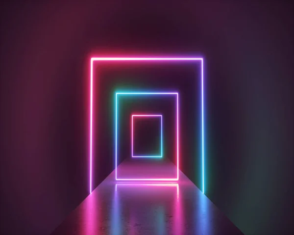 Renderização 3d, fundo de néon abstrato, túnel de realidade virtual, espectro ultravioleta, pódio de passarela de moda, estágio de desempenho vazio, reflexão de piso — Fotografia de Stock