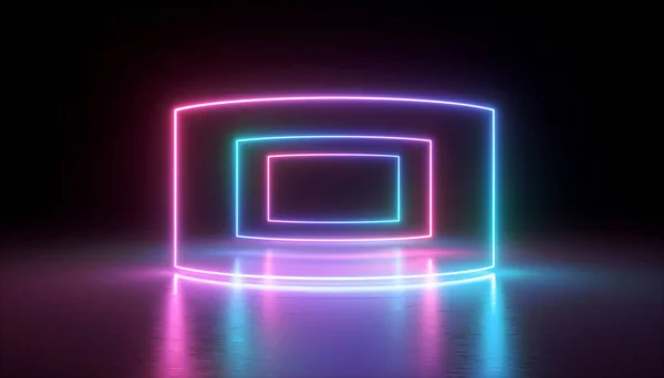 3D-rendering, neonljus, abstrakt ultraviolett bakgrund, virtuell verklighet skärmen, lasershow, rektangulär tomt ram, tunnel, glödande linjer, golv speglar, levande färger — Stockfoto