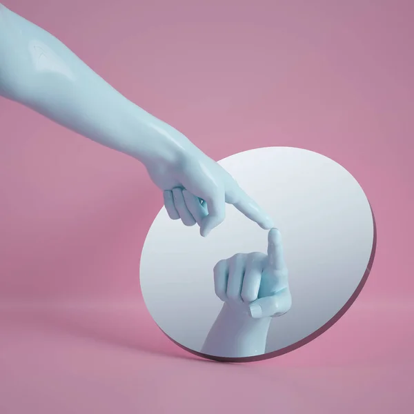 3d render, riflesso della mano in specchio rotondo isolato su sfondo rosa, composizione concettuale astratta, dito puntato, gesto spettacolo, parte del corpo manichino — Foto Stock