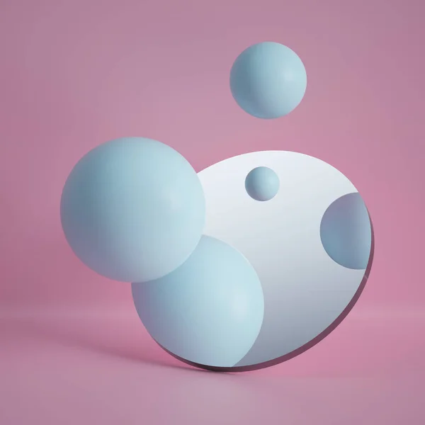 3d render, palline blu pastello che riflettono in specchio rotondo isolato su sfondo rosa, concetto astratto — Foto Stock
