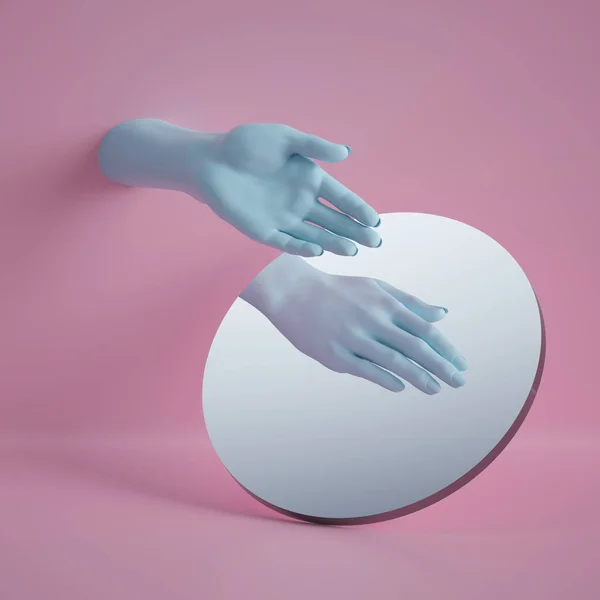 3d render, riflesso a mano in specchio rotondo isolato su sfondo rosa, composizione concettuale astratta, gesto spettacolo, palmo aperto, parte del corpo manichino — Foto Stock