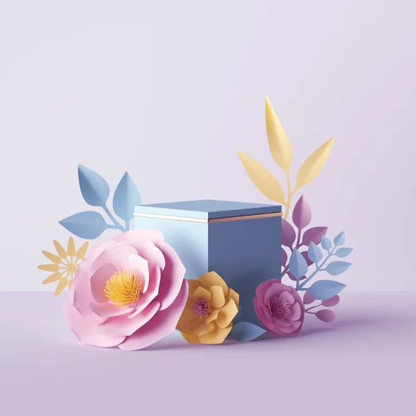 3D-Render, botanischer Hintergrund, Würfelpodest mit rosa gelben Papierblumen dekoriert, Geschenkbox-Attrappe, leere Kosmetikgeschäft Vitrinenständer, Modehintergrund, Pastellfarben, Präsentationsvorlage — Stockfoto