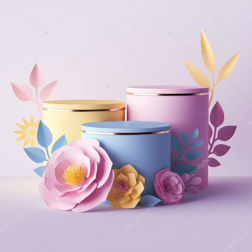 3d render, botanical background, cylinder pedestals decorated with pink yellow paper flowers, blank cosmetics store showcase stand, fashion background, pastel colors, presentation template, mockup