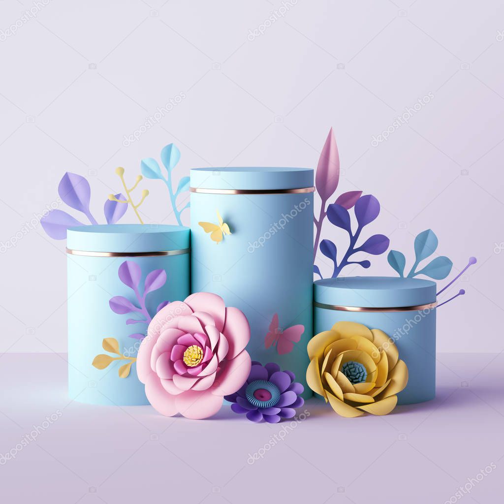 3d render, botanical background, cylinder pedestals decorated with pink yellow paper flowers, blank cosmetics store showcase stand, fashion background, pastel colors, presentation template, mockup