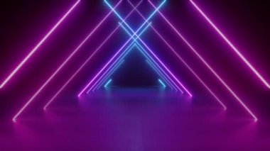 soyut neon arka plan, üçgen koridordaileri doğru uçuş, parlayan pembe mavi çizgiler, ultraviyole spektrum