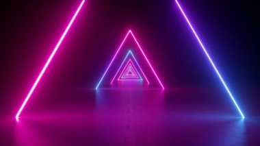 soyut neon arka plan, üçgen koridor, tünel, parlayan pembe mavi şekiller, ultraviyole spektrum ile ileri uçan