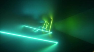 neon yeşil çizgiler, sonsuz tünel içinde dönen, uzun koridor, parlayan ışınları, floresan ışık, moda podyum, müzik lazer gösterisi, döngülü, sorunsuz animasyon