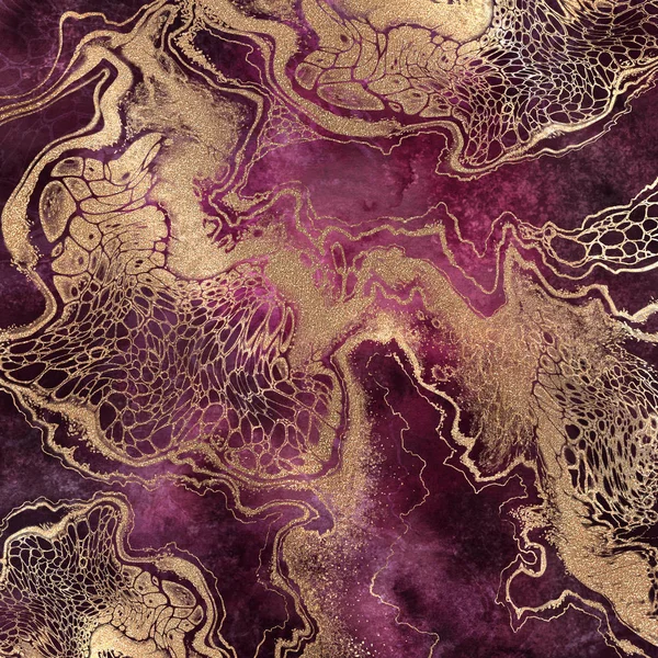 Fond abstrait, texture aquarelle rose avec des veines dorées, surface marbrée artificielle peinte, peinture liquide mode marbré illustration — Photo