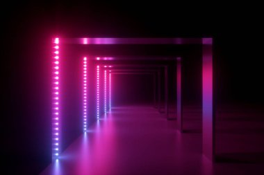 3d render, soyut pembe mavi neon arka plan, ultraviyole ışık moda podyum, performans sahne dekorasyon, kare arcade ile ışıklı gece kulübü koridoru