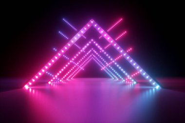 3d render, soyut neon arka plan, ultraviyole ışık moda podyum, performans sahne dekorasyon, parlayan üçgen şekiller, üçgen arcade ile ışıklı gece kulübü koridoru