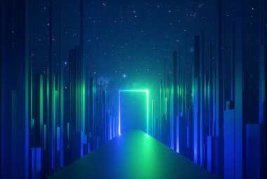 3d soyut neon arka plan, parlayan dikdörtgen portal, siber uzayda dikey çizgiler, sanal gerçeklikte kentsel sahne, fantastik zümrüt şehirde boş yol, gece gökyüzünün altındaki gökdelenler