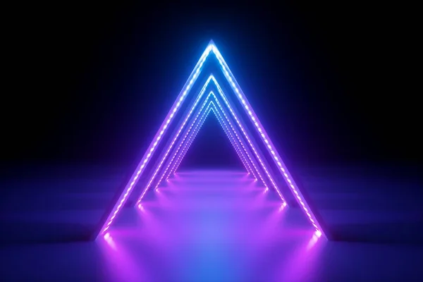 3D рендеринг, абстрактний неоновий фон, подіум моди в ультрафіолетовому світлі, прикраса сцени виступу, сяючі форми трикутника, освітлений нічний клубний коридор з трикутною аркадою — стокове фото