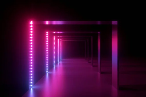 3d render, abstrato rosa azul neon fundo, pódio de moda em luz ultravioleta, decoração de palco de desempenho, iluminado corredor da discoteca com arcada quadrada — Fotografia de Stock