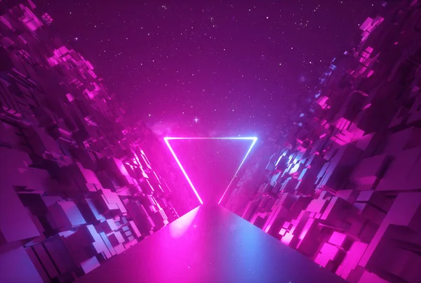 3d abstracto fondo de neón, portal triangular brillante en el espacio cibernético, forma de triángulo, escena fantástica en realidad virtual, carretera entre paredes de bloques bajo el cielo nocturno — Foto de Stock