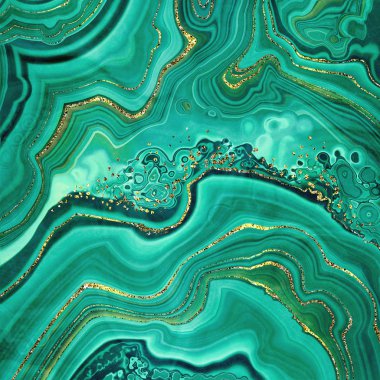 soyut arka plan, sahte taş doku, altın glitter damarları ile malachite yeşil akik jasper mermer levha, dalgalı çizgiler moda baskı, boyalı yapay mermer yüzey, sanatsal ebru illüstrasyon