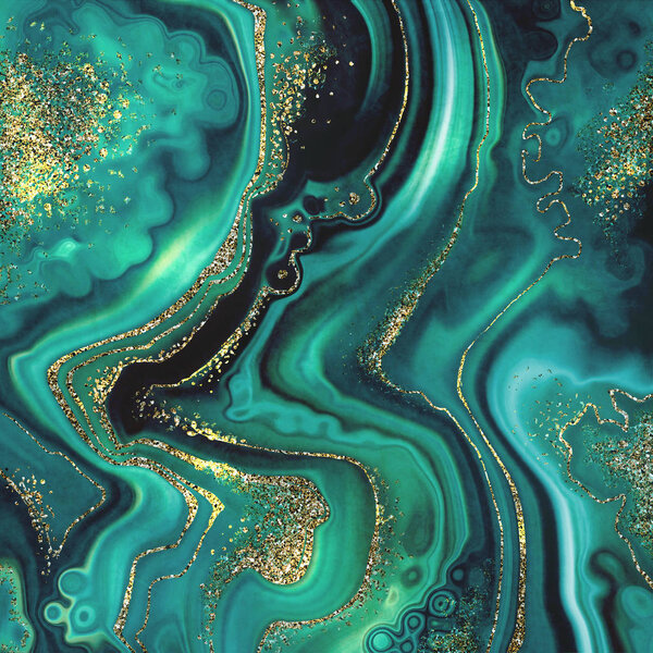 abstract background, fashion fake stone texture, malachite emerald green agate or marble slab with gold glitter veins, wavy lines, painted artificial marbled surface, artistic marbling illustration