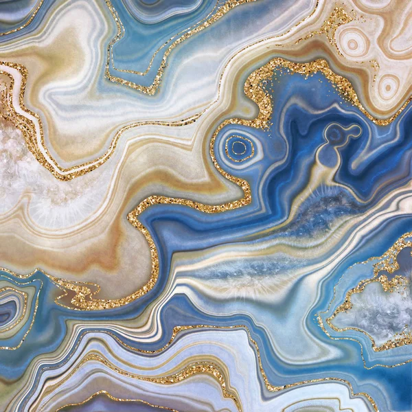 Abstract background, fake stone texture, blue gold ocean jasper agate or marble slab with glitter veins, wavy lines fashion print, painted artificial marbled surface, artistic marbling illustration — Stock Photo, Image