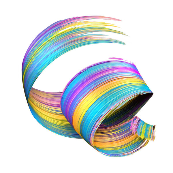 3d render, abstract brush stroke, paint splash, splatter, colorful curl, artistic spiral, vivid ribbon, artistic clip art isolated on white background