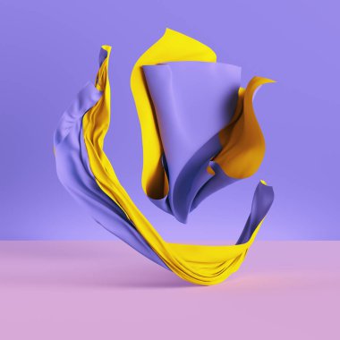 3d render, katlanmış kumaş, sarı perde menekşe arka plan, tekstil, kumaş, perde, soyut moda duvar kağıdı izole