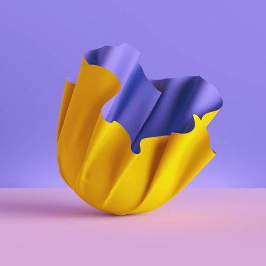 3d render, katlanmış kumaş, sarı perde menekşe arka plan, tekstil, kumaş, perde, soyut moda duvar kağıdı izole