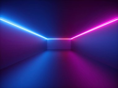 3d render, pembe mavi neon ışık, parlayan çizgiler ile soyut arka plan, sanal gerçeklik siber uzay, gece kulübü odası iç, moda podyum veya sahne, ultraviyole spektrumboş koridor