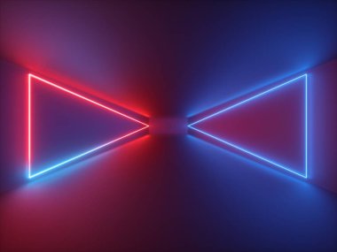 3D render, kırmızı mavi neon ışık, parlayan üçgenler ile soyut arka plan, sanal gerçeklik siber alan, gece kulübü oda iç, moda podyum veya sahne, ultraviyole spektrumunda boş koridor