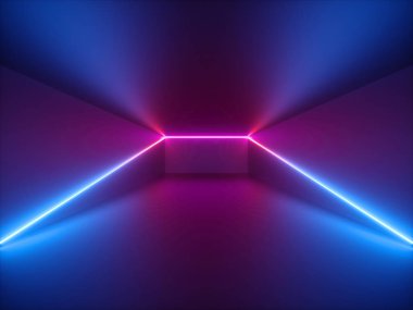 3d render, pembe mavi neon ışık, parlayan çizgiler ile soyut arka plan, sanal gerçeklik siber uzay, gece kulübü odası iç, moda podyum veya sahne, ultraviyole spektrumboş koridor