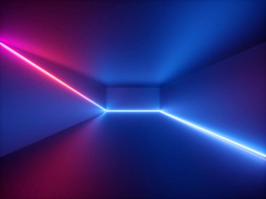 3d render, kırmızı mavi neon ışık, parlayan çizgiler ile soyut arka plan, sanal gerçeklik siber uzay, gece kulübü odası iç, moda podyum veya sahne, ultraviyole spektrumboş koridor