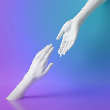 3d render, neon ultraviyole arka plan izole beyaz kadın elleri, moda güzellik, takı dükkanı ekran, zarif manken vücut parçaları, sunum, yardım eller, ortaklık kavramı