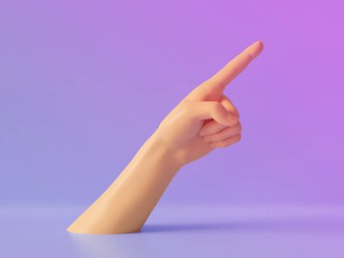 3d render, kadın el izole, parmak yukarı, işaret jest, yön sembolü, mağaza ekran, minimal moda arka plan, manken gövde parçası, göstermek, sunum, pembe mor pastel renkler