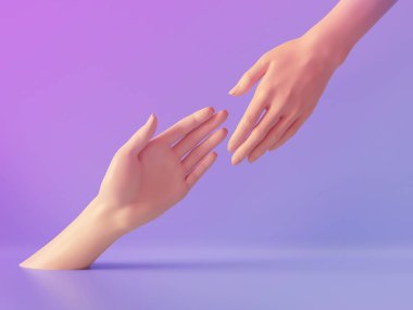 3d render, güzel eller izole, kadın manken vücut parçaları, minimal moda arka plan, yardım eller, nimet, ortaklık kavramı, pembe mor pastel renkler