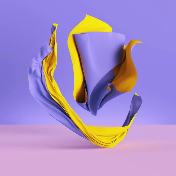 3d renderizado, tela doblada, cortina amarilla aislada sobre fondo violeta, textil, tela, cortina, papel pintado de moda abstracto —  Fotos de Stock