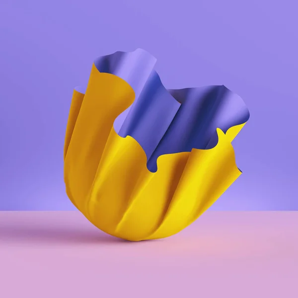 3d renderizado, tela doblada, cortina amarilla aislada sobre fondo violeta, textil, tela, cortina, papel pintado de moda abstracto — Foto de Stock